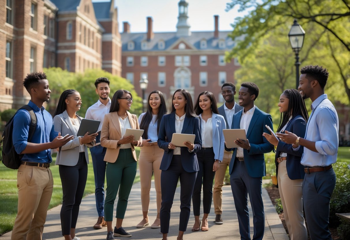 A diverse group of young adults standing and talking outside on a university campus with historic buildings and trees in the background.