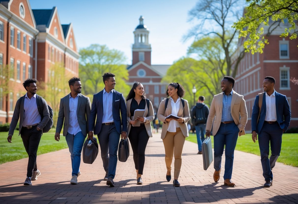 A group of graduate students walking and talking on a university campus with red brick buildings and green trees in the background.