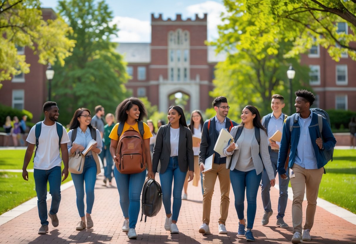 A group of diverse college students walking and talking on Brown University campus with university buildings and trees in the background.