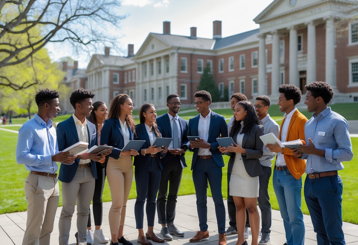 A group of diverse young students studying and discussing together outdoors on a university campus with academic buildings in the background.