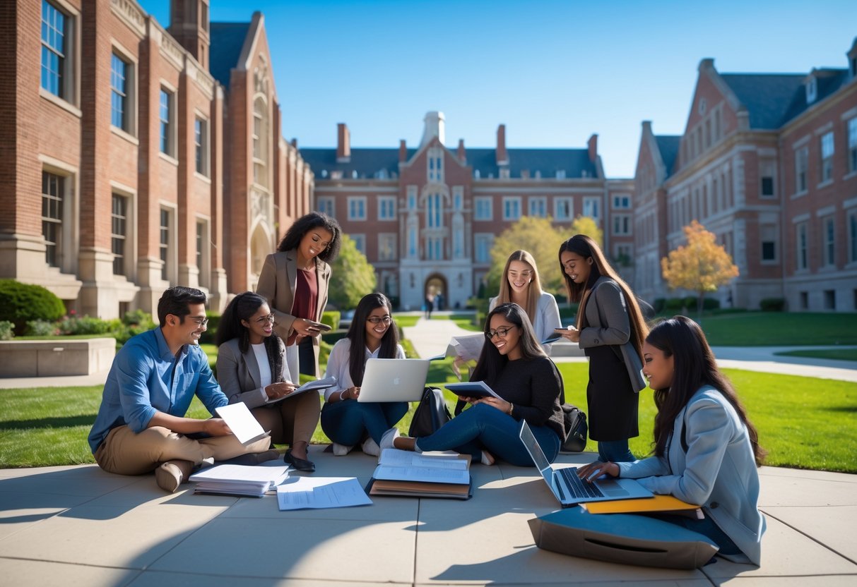 A group of diverse graduate students studying and collaborating outdoors on a university campus with historic brick buildings and green spaces.