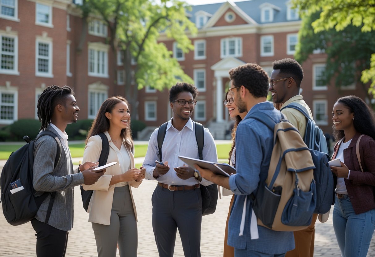A group of diverse graduate students studying and talking together outdoors on a university campus with brick buildings and trees in the background.