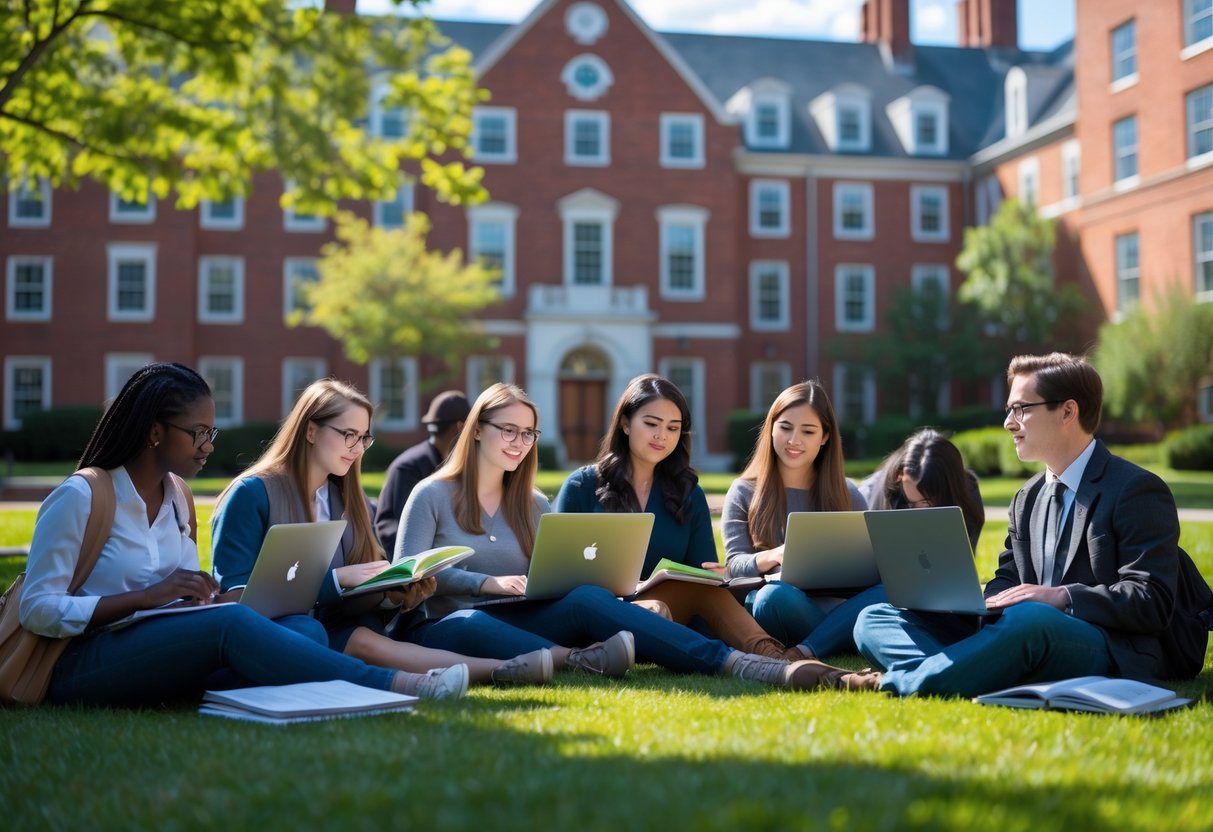 A group of graduate students studying and discussing together outdoors on a university campus with red brick buildings and green trees.