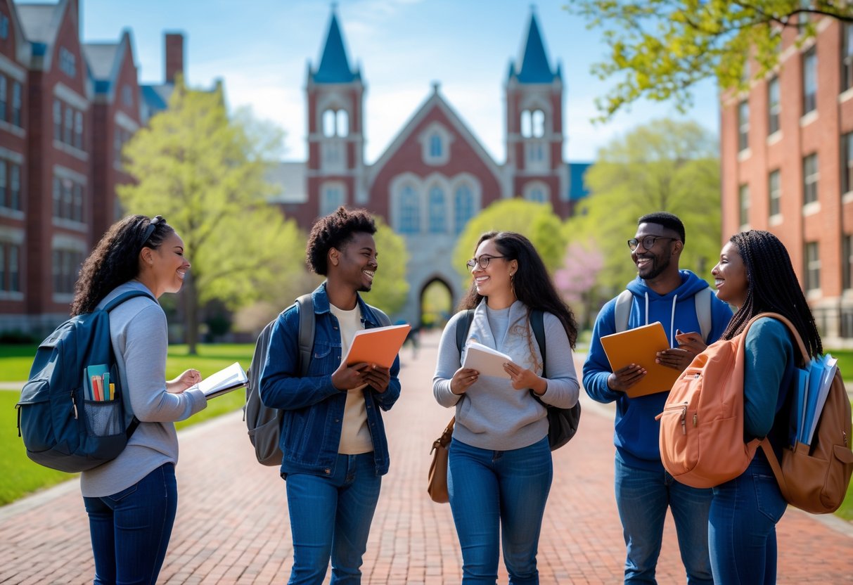 A group of diverse college students talking and studying outside near university buildings surrounded by trees.