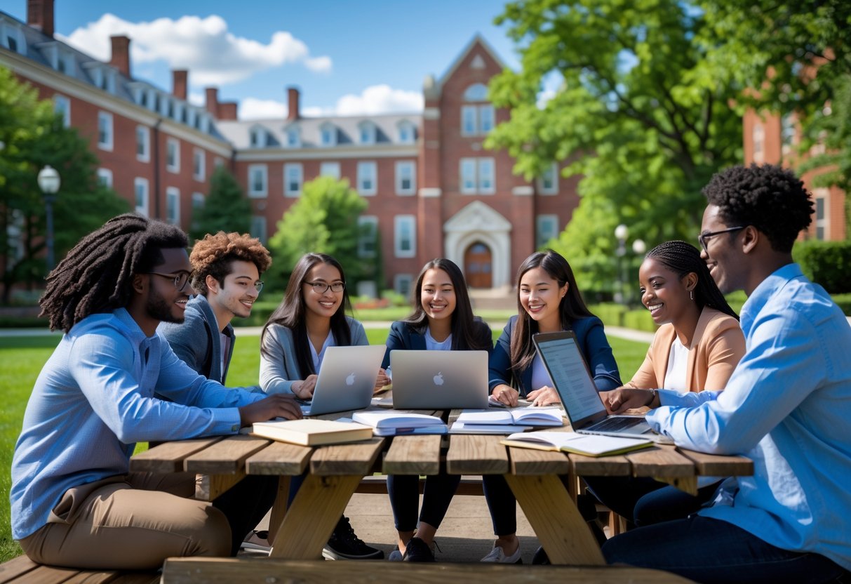 A group of graduate students studying together outdoors on a university campus with red brick buildings and green trees in the background.