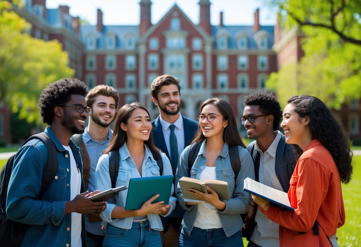 A group of diverse college students studying and talking together outdoors on a university campus with historic buildings and trees in the background.