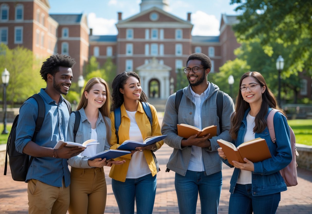 A group of diverse university students studying and talking outdoors on a university campus with historic buildings and trees in the background.
