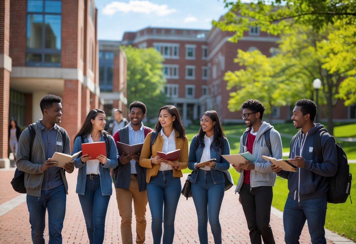A group of diverse college students studying and talking outside on a university campus with red brick buildings and green trees.
