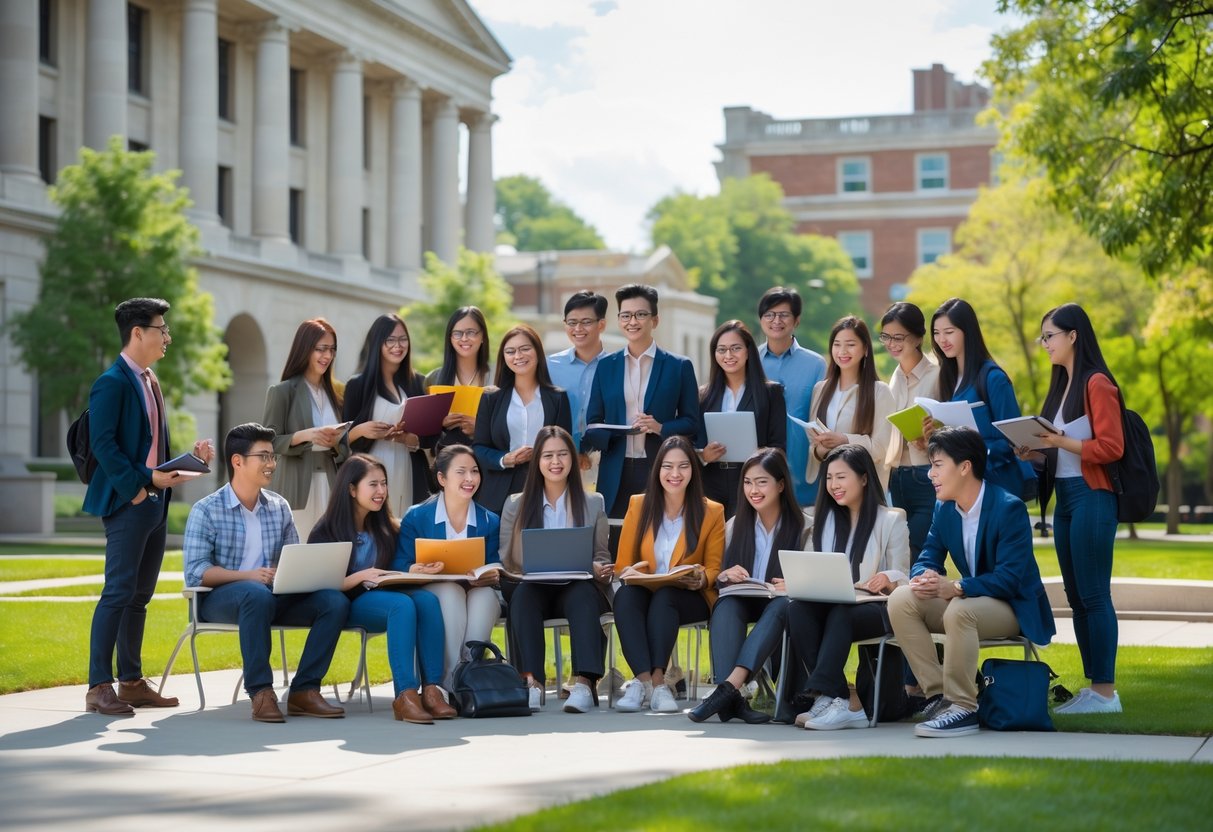 A group of diverse students studying and collaborating outdoors on a university campus with academic buildings and greenery in the background.