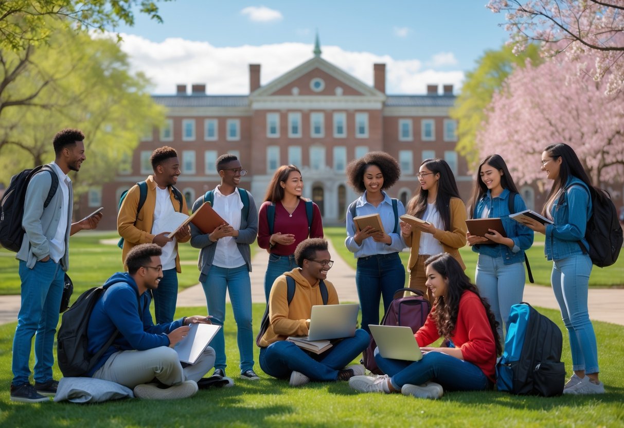 A diverse group of college students studying and talking together outdoors on a university campus with classic buildings and green lawns.