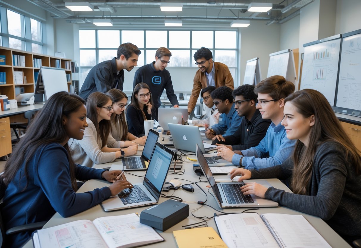 A group of diverse students working together in a bright university research lab with laptops and scientific equipment.