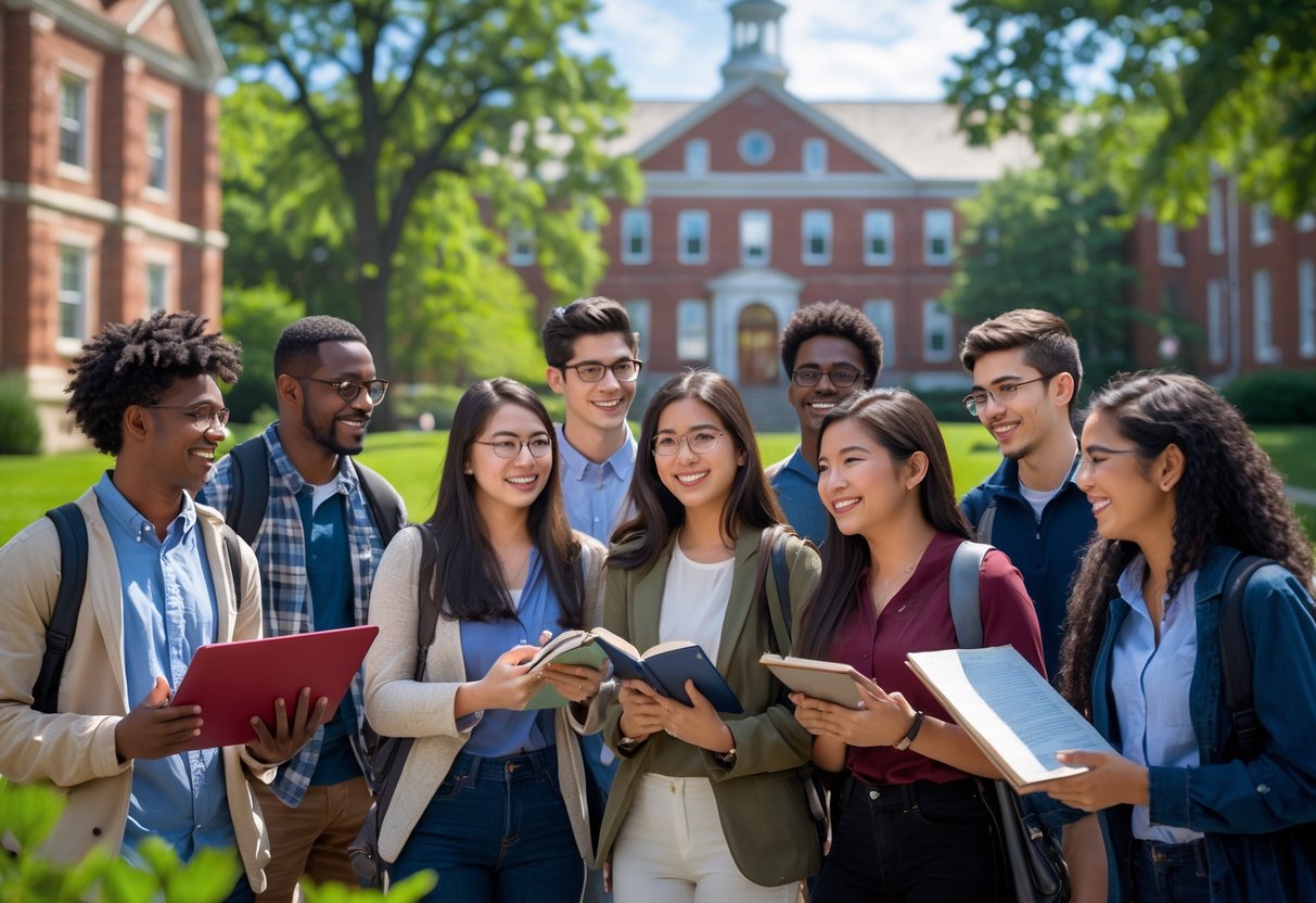 A diverse group of university students studying together outdoors on a university campus with red brick buildings and trees in the background.