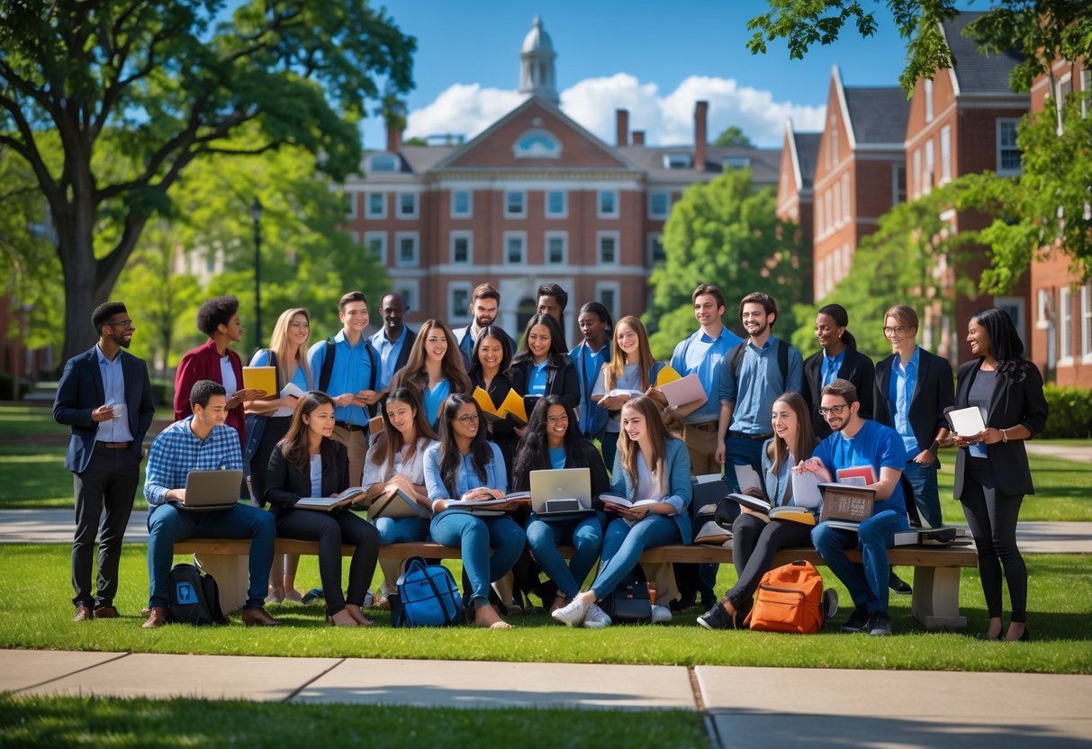 A group of diverse university students studying and talking together outdoors on a campus with brick buildings and green trees.