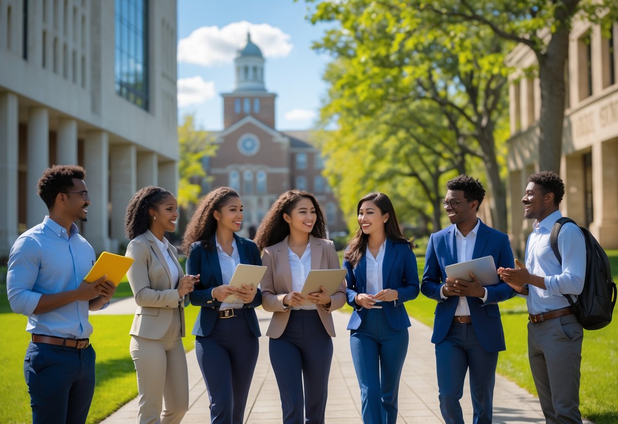 A diverse group of graduate students standing and talking on a university campus with modern buildings and green lawns in the background.