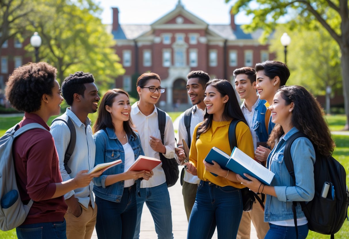 A diverse group of university students smiling and talking together outdoors on a university campus with historic buildings in the background.