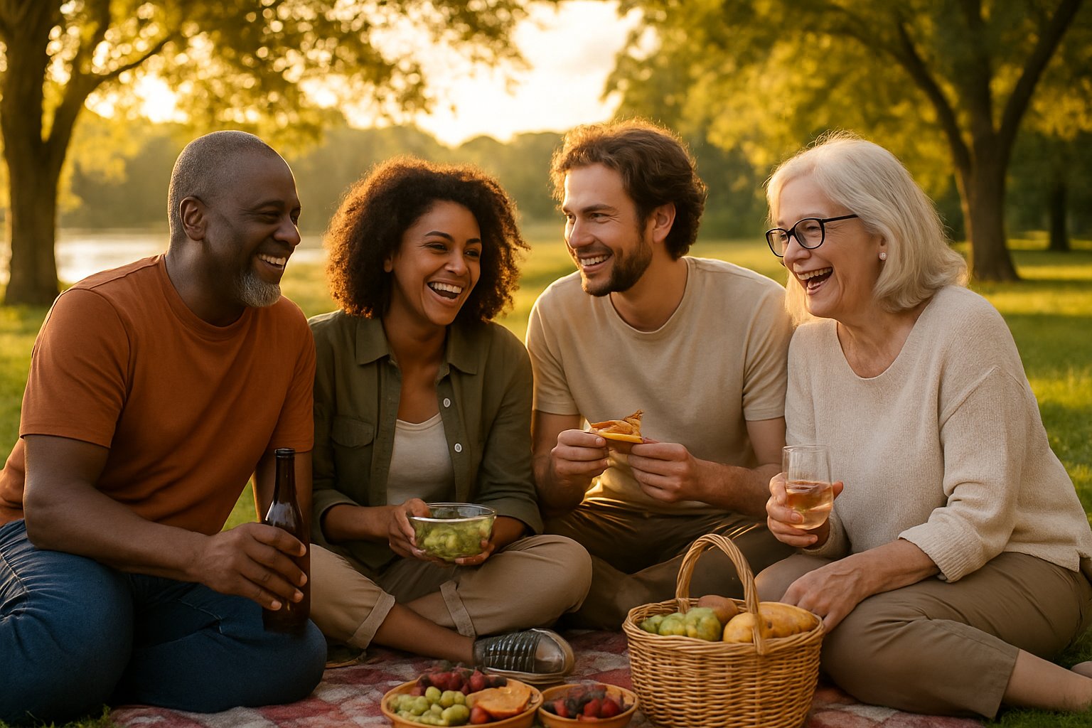 A group of friends sitting on a picnic blanket in a park, smiling and enjoying each other's company.