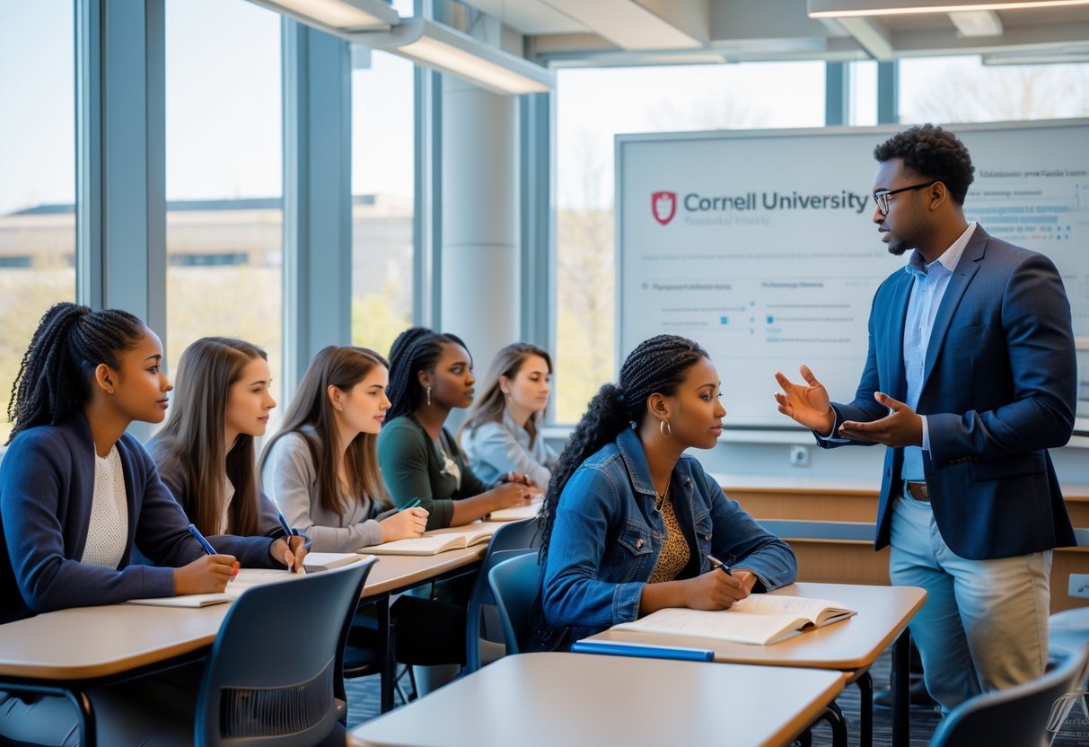 A group of university students and a teaching assistant engaged in a classroom discussion at Cornell University.