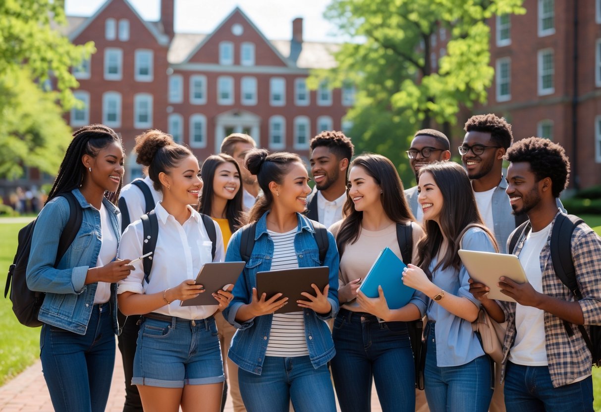 A diverse group of college students studying and talking together outdoors on a university campus with red brick buildings and trees.