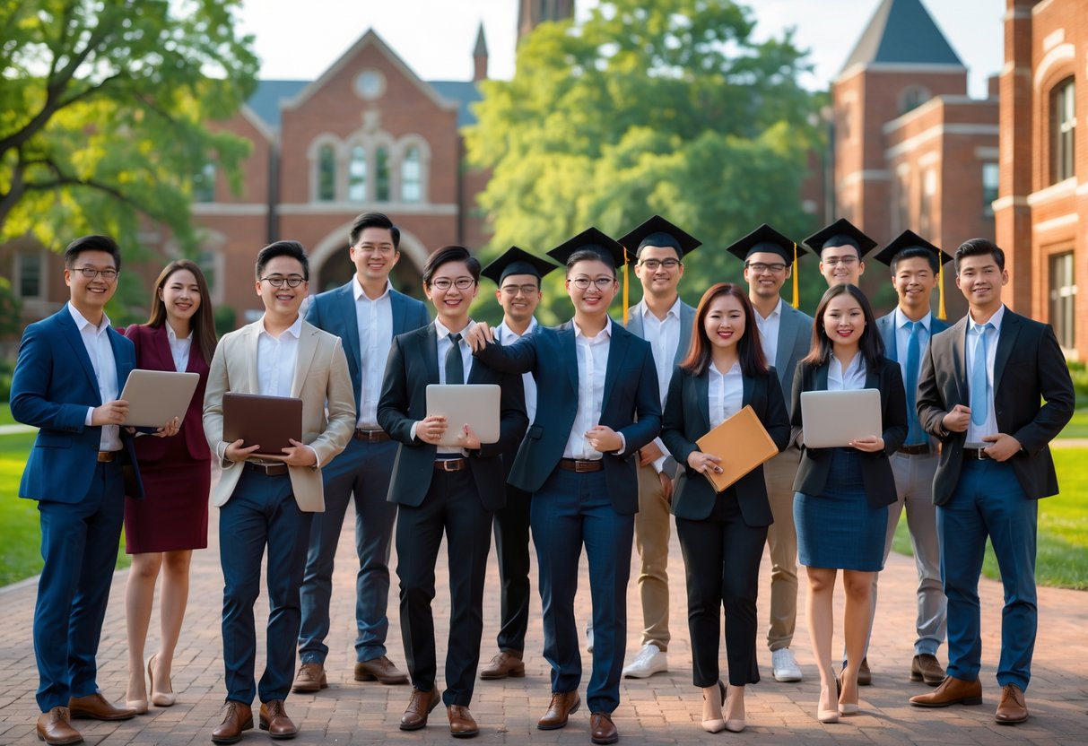 A group of diverse young adults standing together on a university campus with red brick buildings and trees, smiling and holding academic materials.
