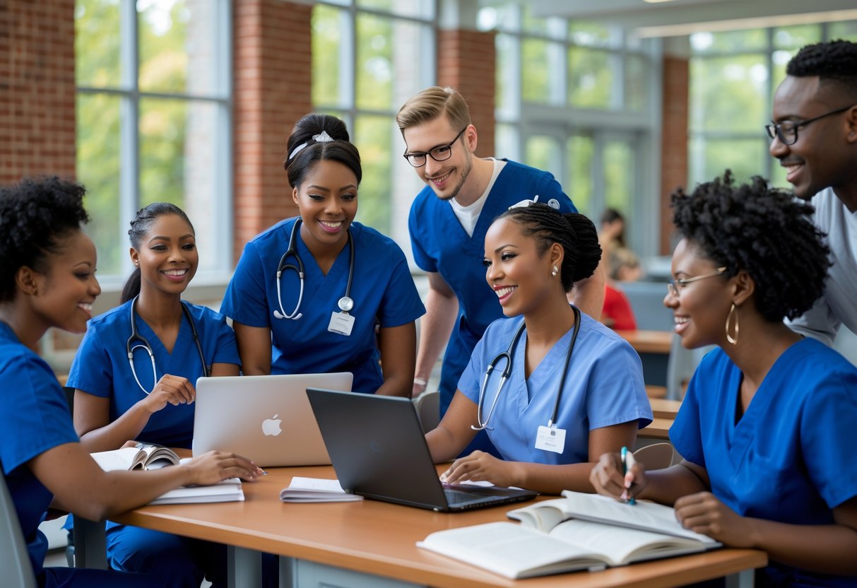 A group of nursing students studying together in a university library with large windows and greenery outside.