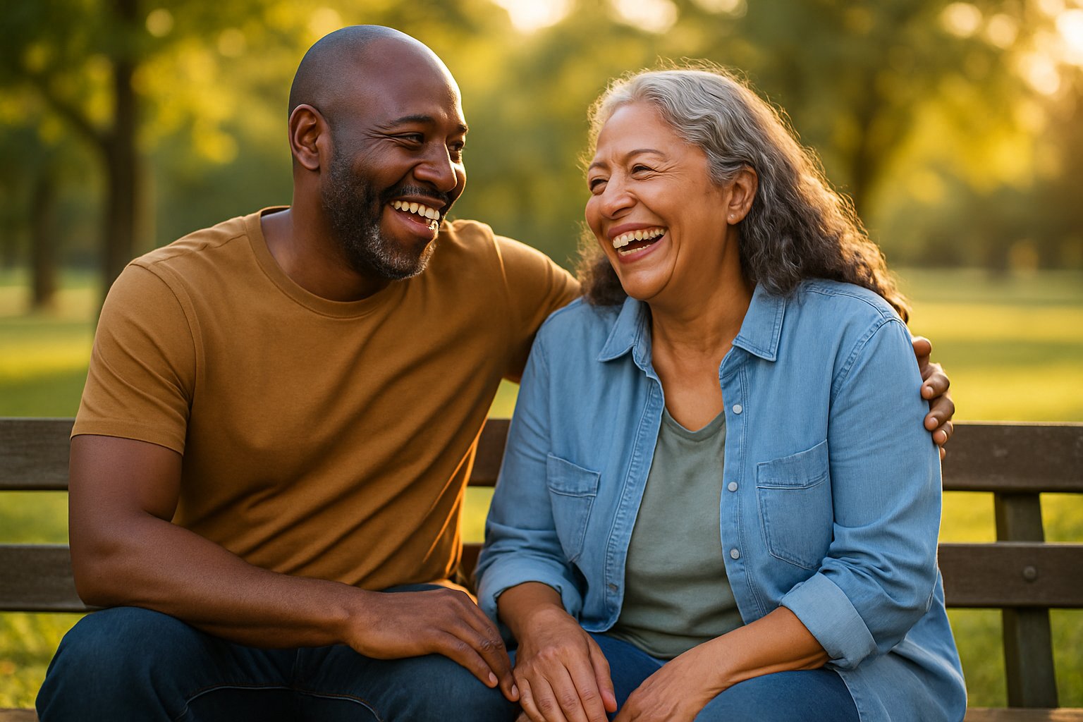 Two friends sitting on a park bench, smiling and enjoying a conversation together.