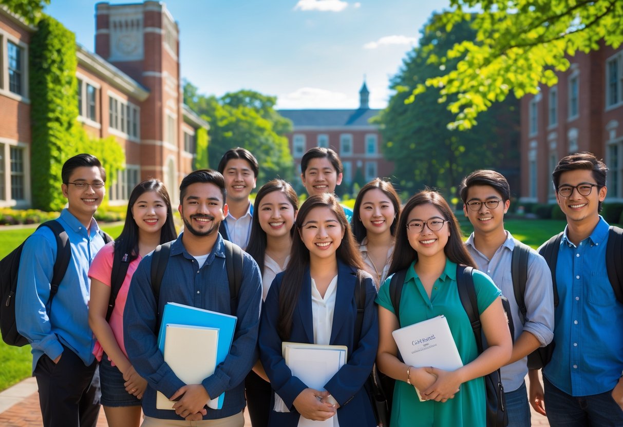 A group of diverse students standing together on a university campus with red brick buildings and green trees in the background.