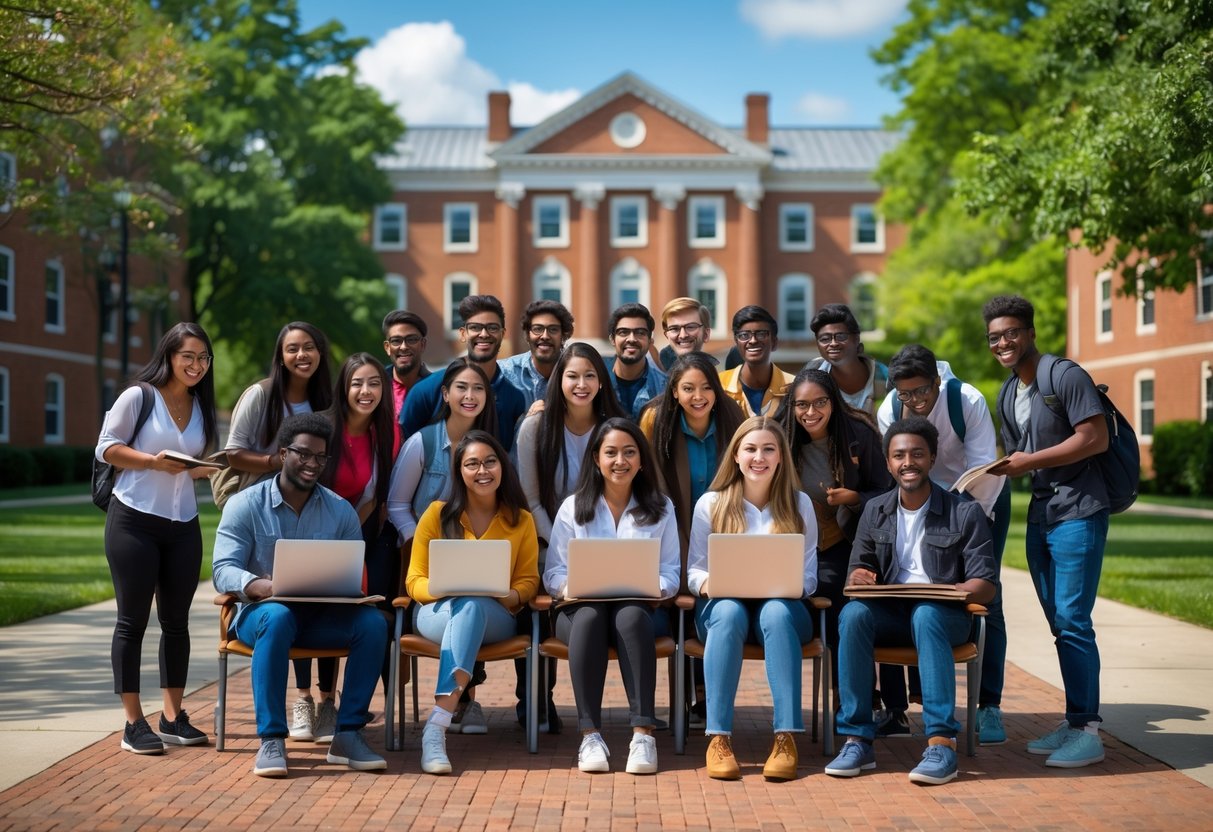 A group of diverse university students studying together outdoors on a sunny day in front of a university building surrounded by trees and pathways.