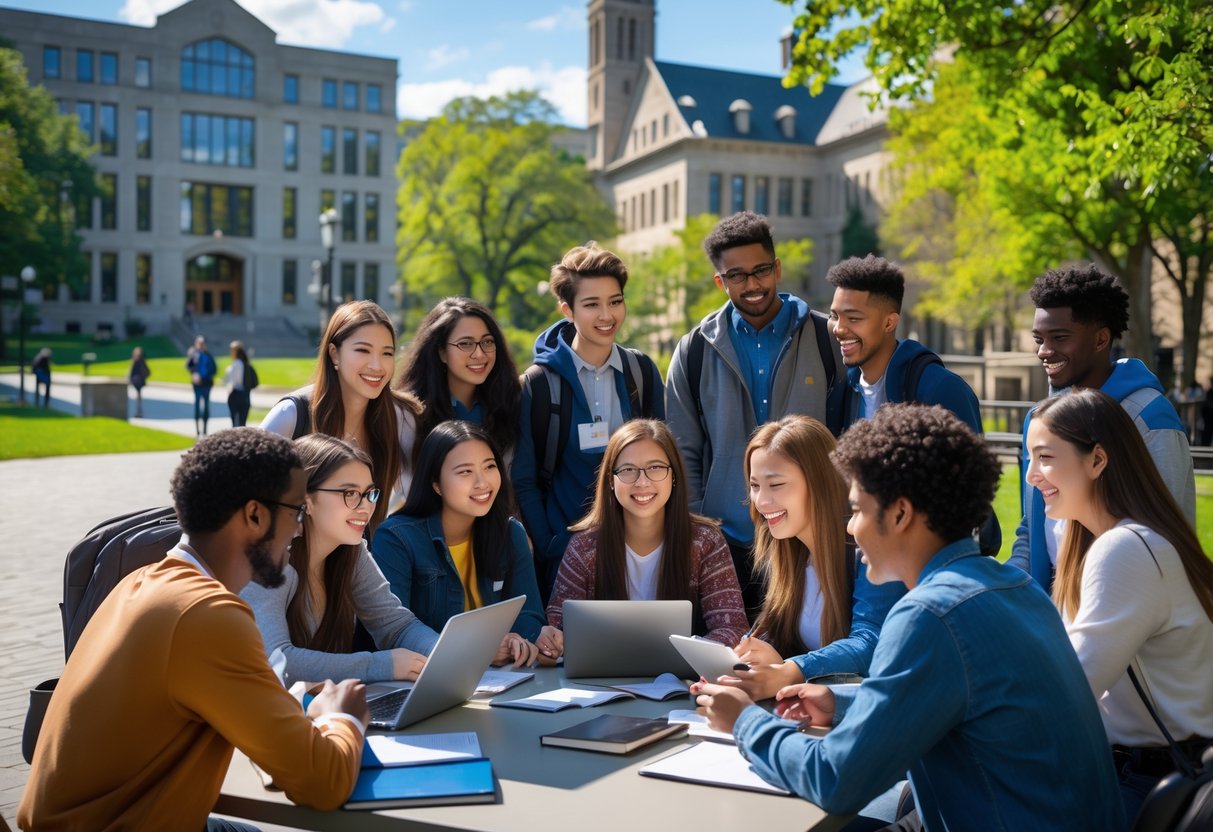 A group of diverse university students studying and discussing outdoors on a sunny day at a university campus with academic buildings and trees in the background.