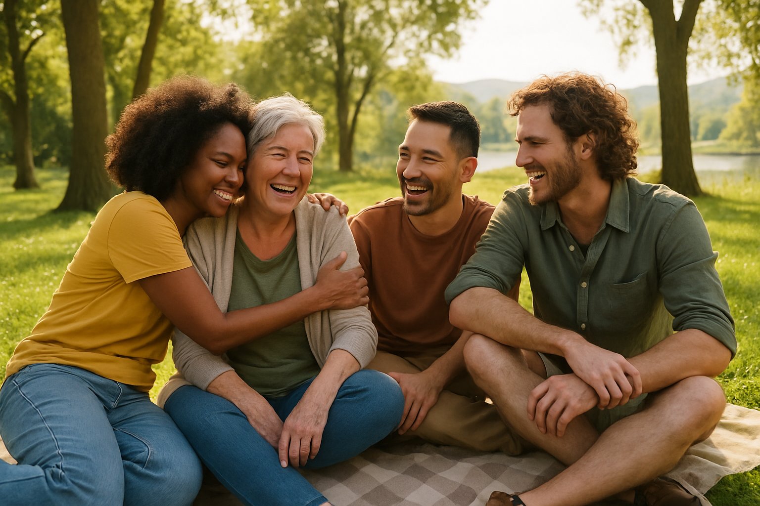 A group of diverse friends sitting on a picnic blanket outdoors, sharing laughter and warm embraces in a green park.