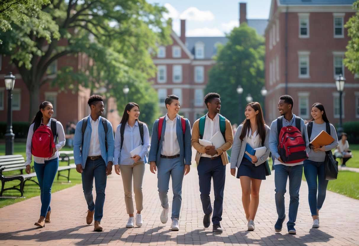 A group of diverse college students walking and talking on a university campus with red brick buildings and green trees on a sunny day.