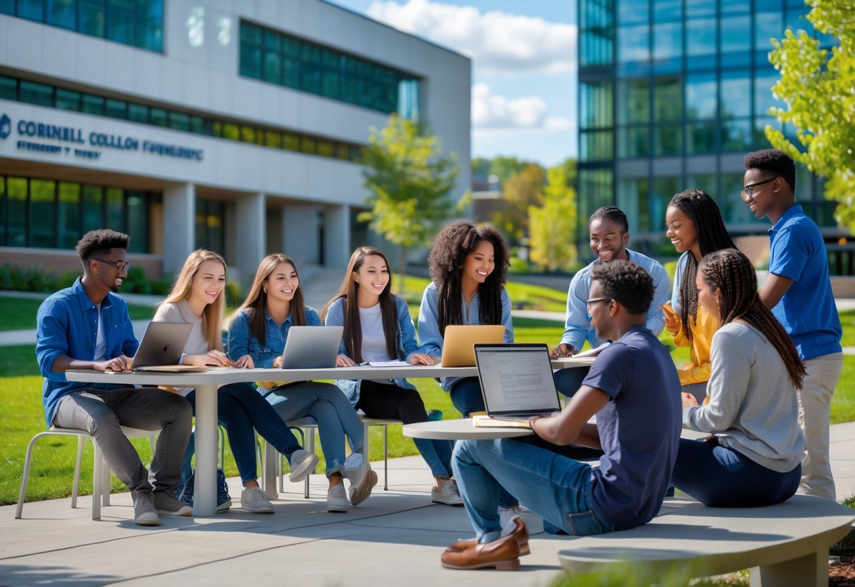 A group of diverse college students studying and collaborating outdoors on a university campus near modern buildings surrounded by greenery.