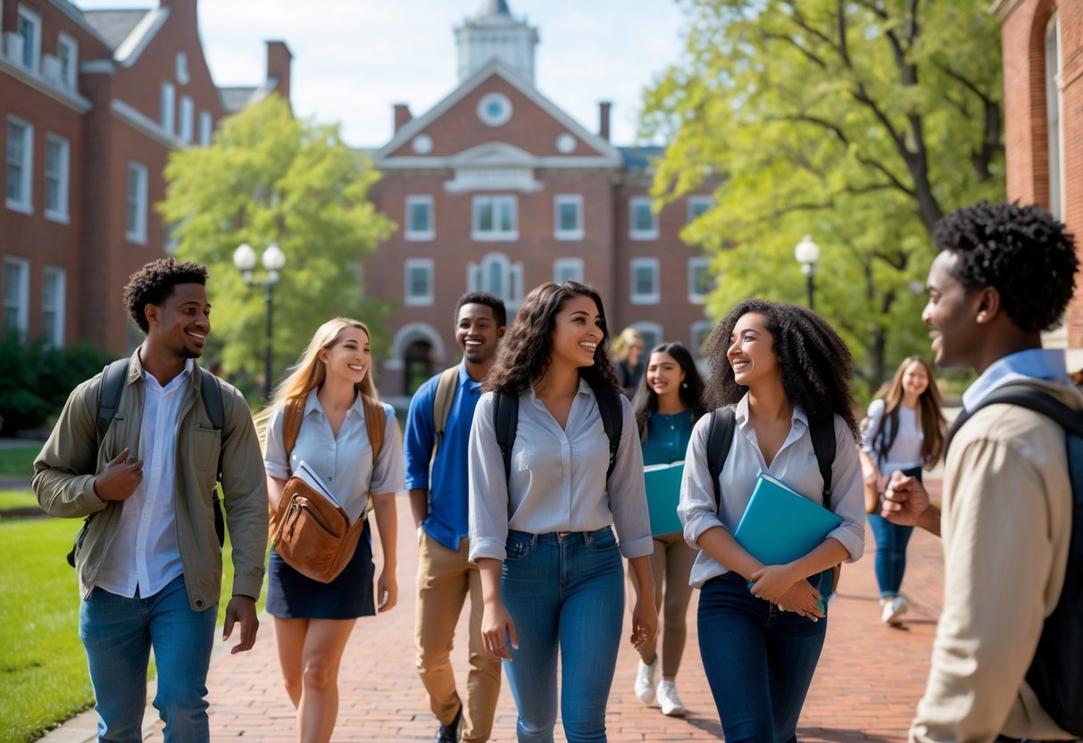 A group of diverse college students walking and talking on a university campus with brick buildings and trees in the background.