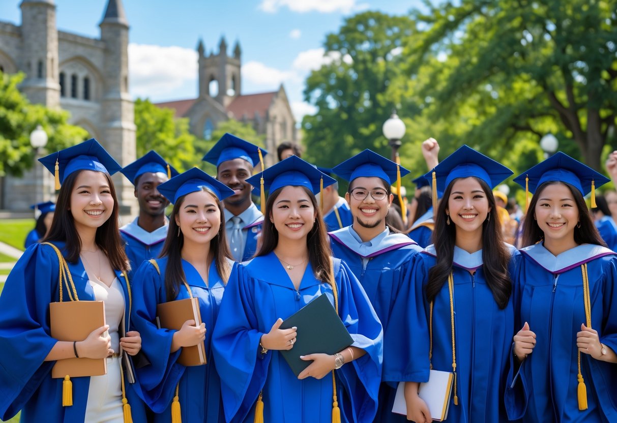 A diverse group of graduate students in academic attire celebrating together outdoors on a university campus.
