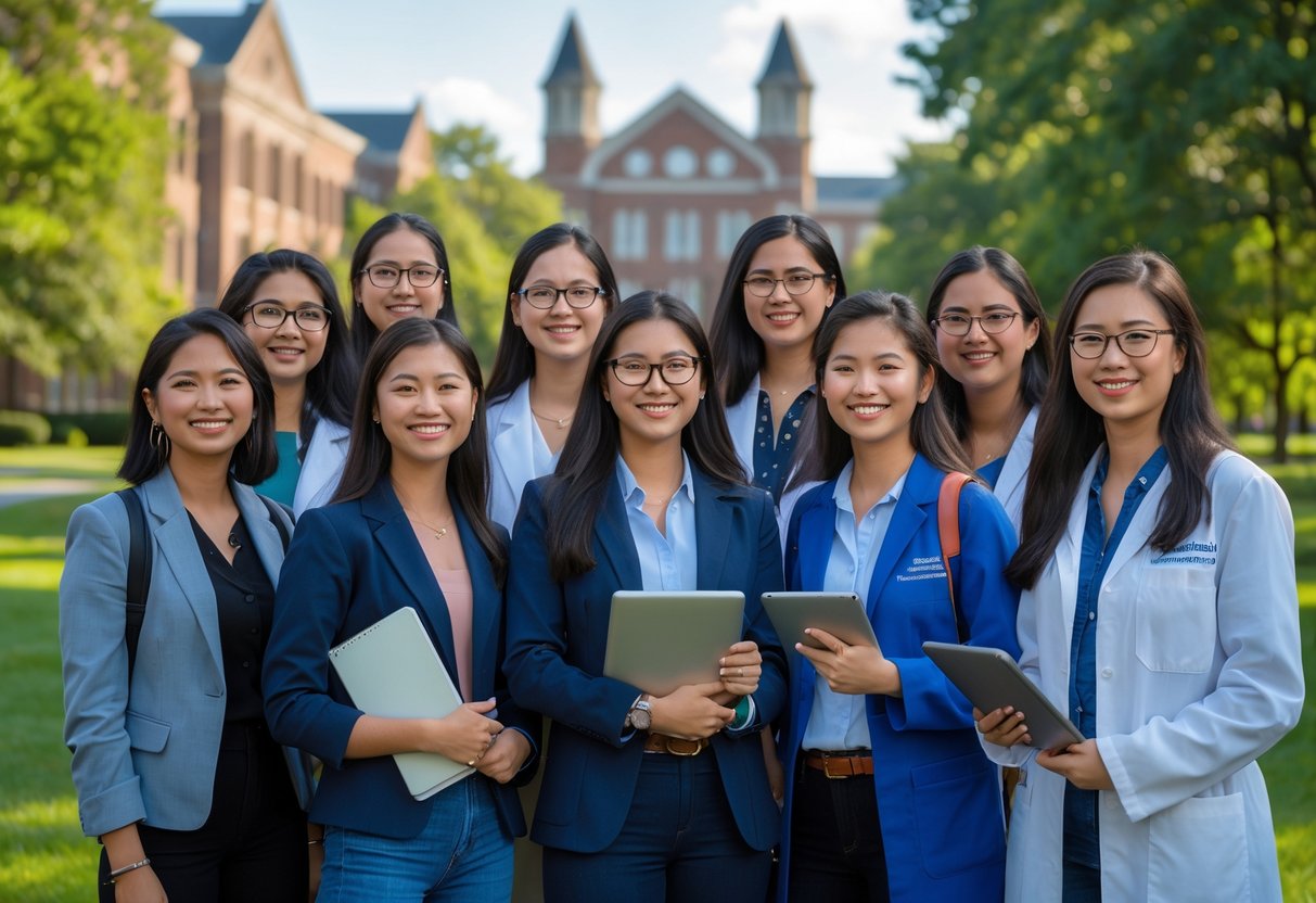 A diverse group of young women scientists standing together outdoors on a university campus, holding scientific equipment and smiling.