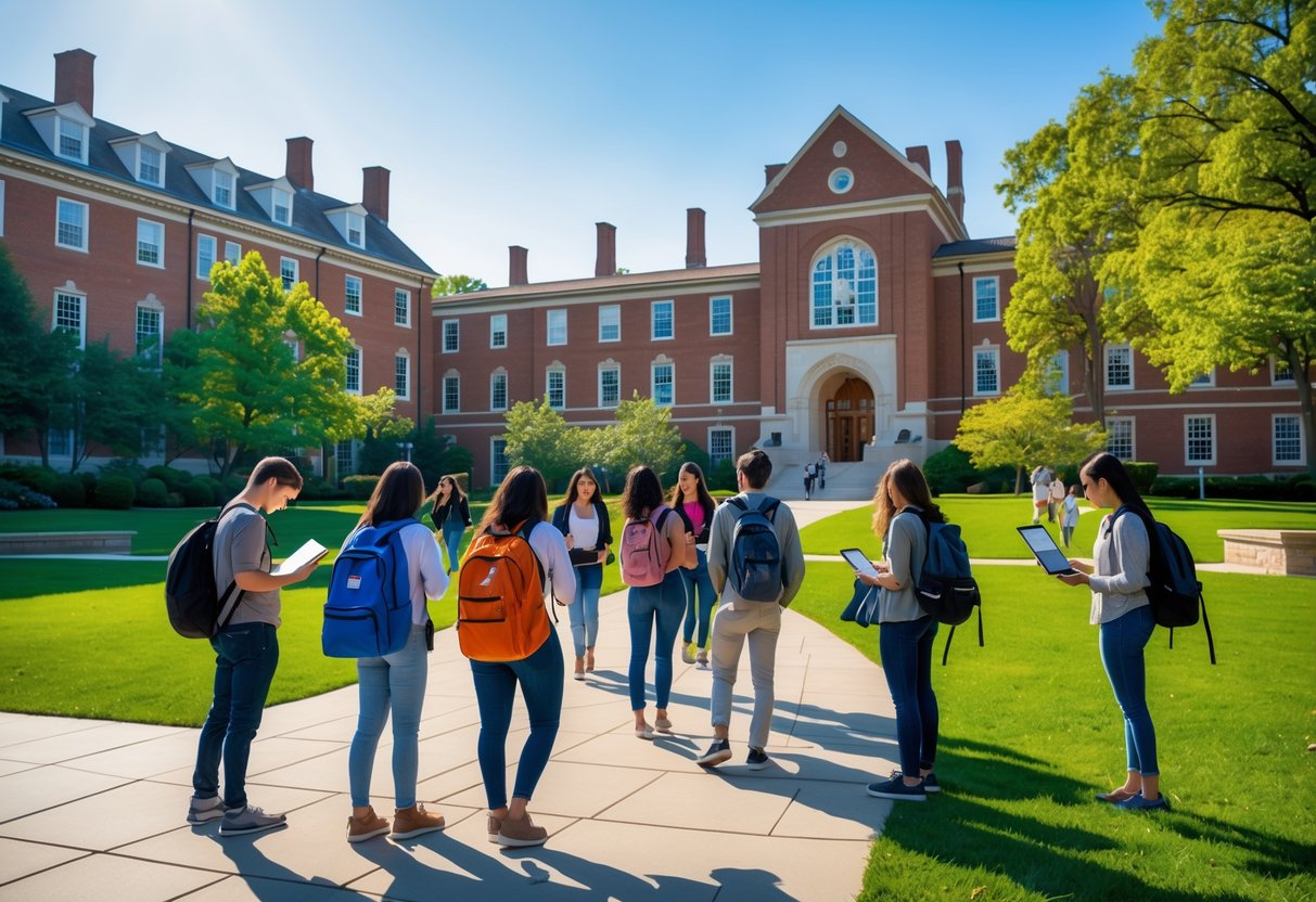 Students studying and walking near red-brick academic buildings on a green lawn at Cornell University campus on a sunny day.
