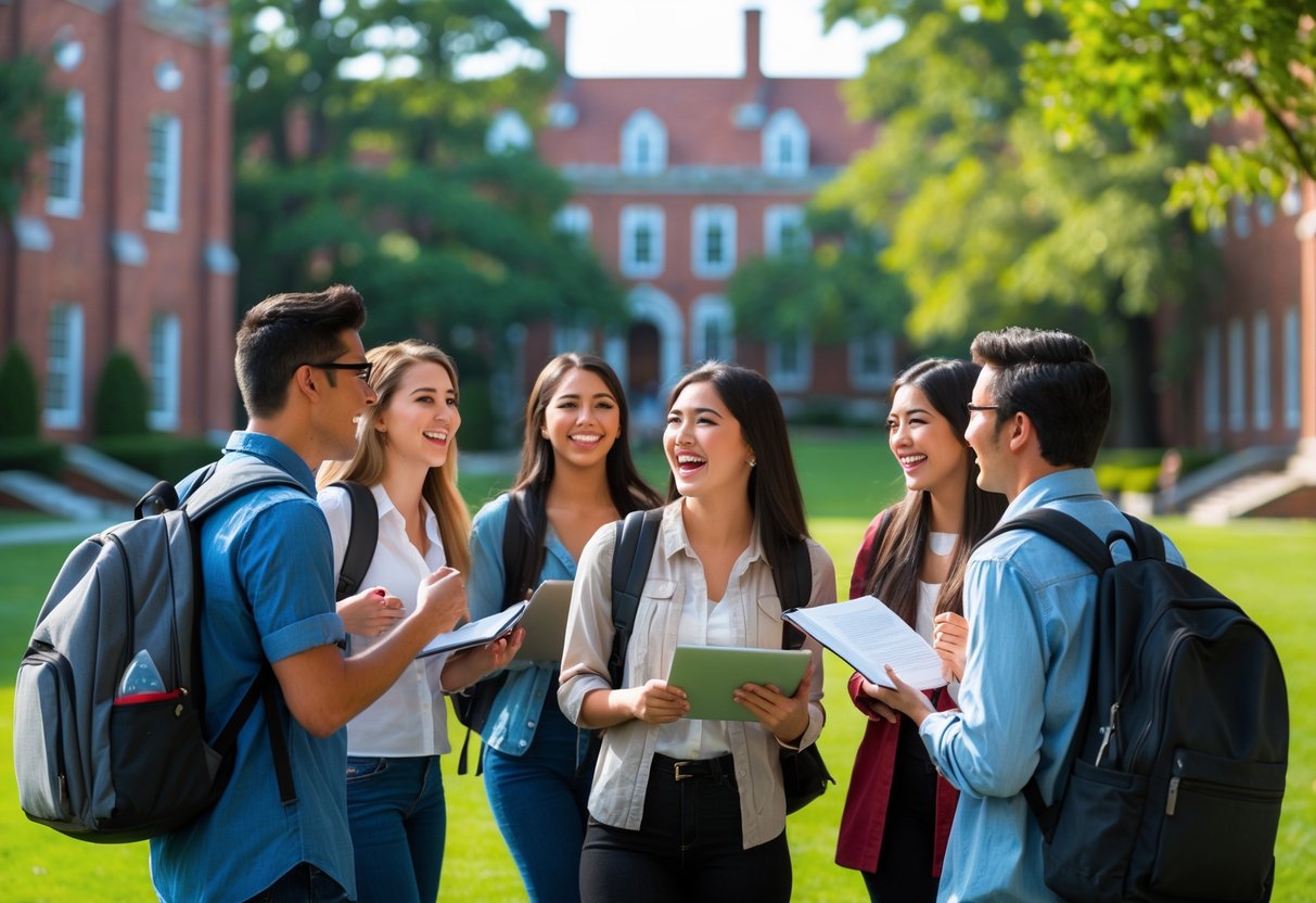A group of diverse university students studying and talking together outside on a college campus with historic buildings and green lawns.