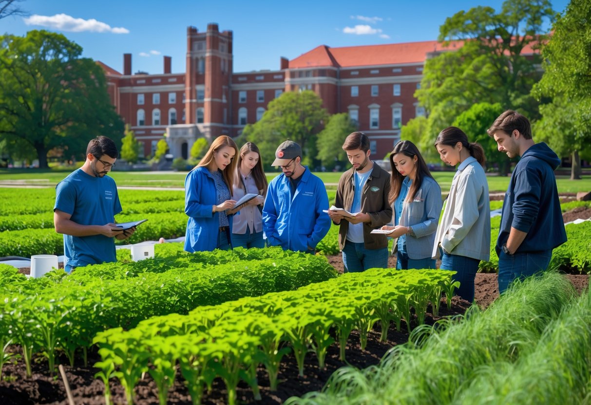 Students and researchers examining crops in a field on the Cornell University campus with university buildings in the background.