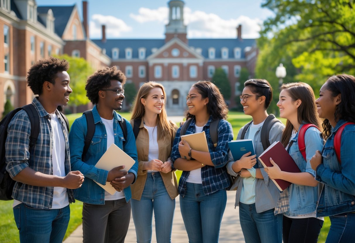 A diverse group of college students standing together outdoors on a university campus with historic buildings and green lawns.