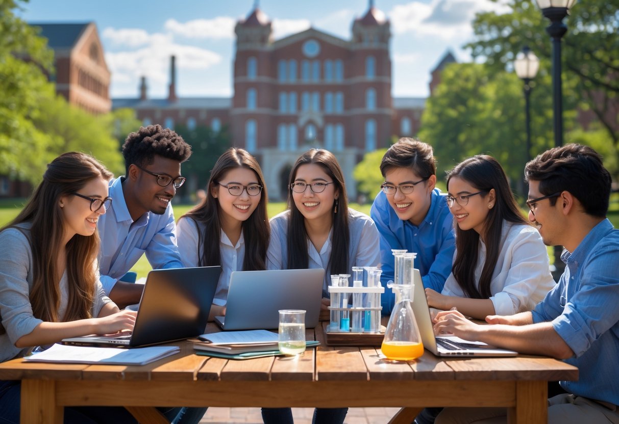 A group of college students working together outdoors on a university campus with laptops and scientific equipment.