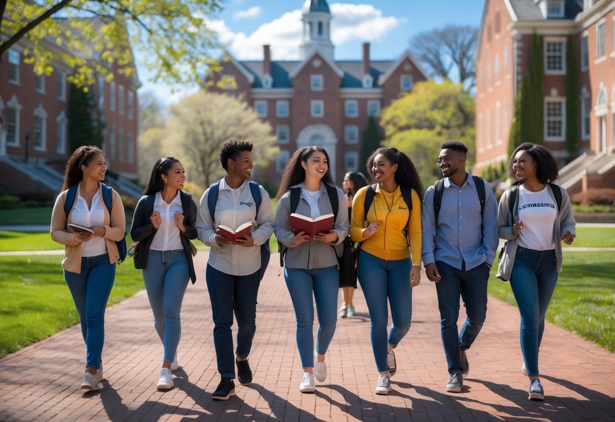 A group of diverse students walking and talking together on a university campus with historic buildings and green lawns in the background.