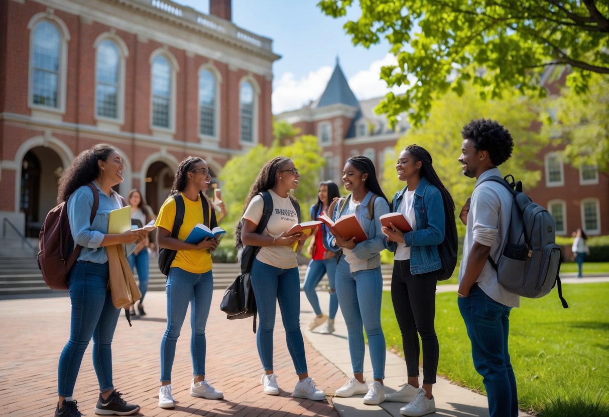 A group of diverse college students talking and studying outdoors on a university campus with red brick buildings and green trees.