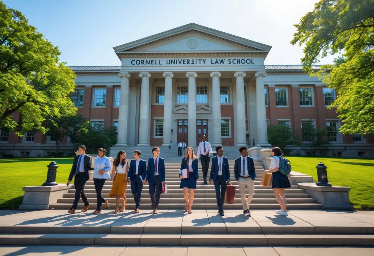 Students walking and talking outside the historic Cornell University Law School building on a sunny day.