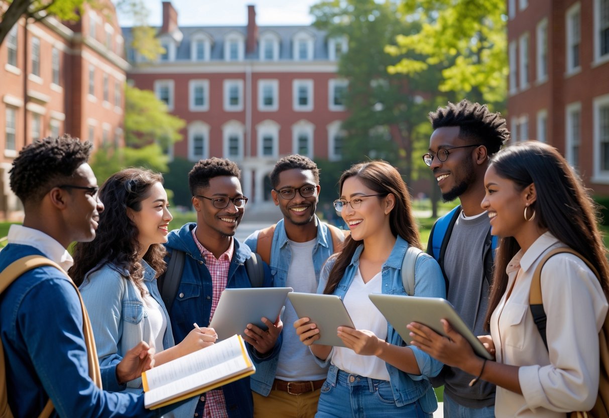 A group of diverse students studying together outside on a university campus with red brick buildings and trees in the background.