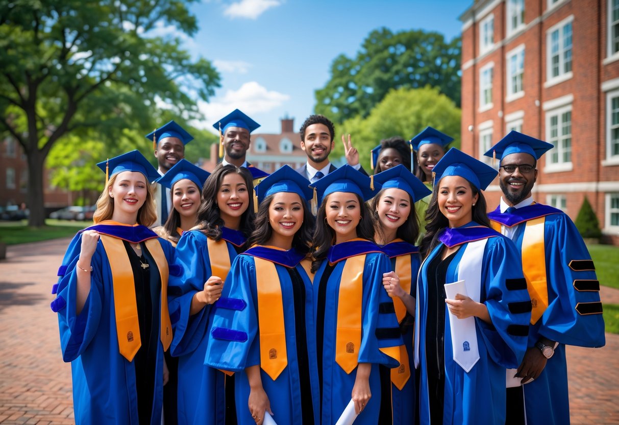 A group of diverse graduate students in academic gowns celebrating outdoors on a university campus with brick buildings and trees in the background.