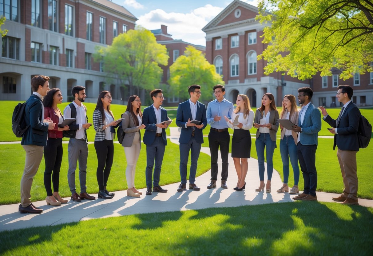 A group of diverse young adults talking and studying together outdoors on a university campus with classic buildings and green trees.