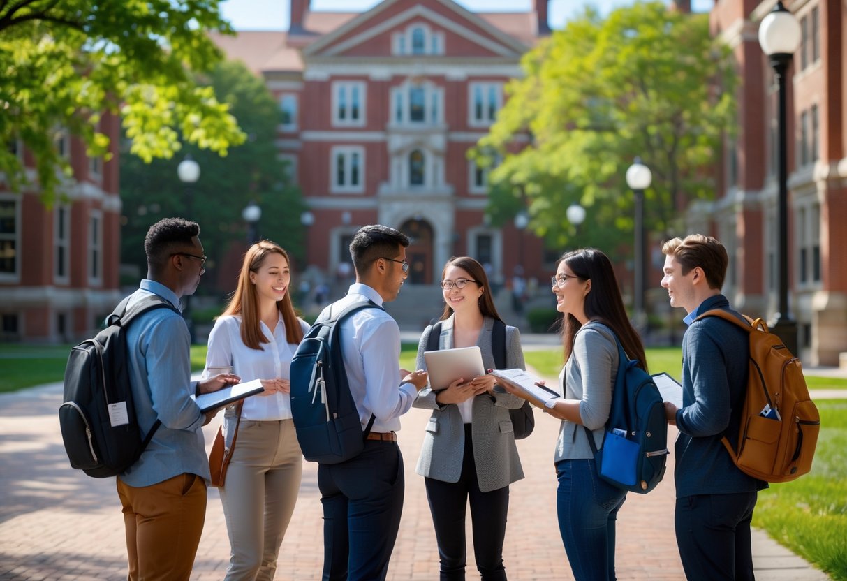A group of diverse graduate students studying and talking together outdoors on a university campus with red brick buildings and trees in the background.