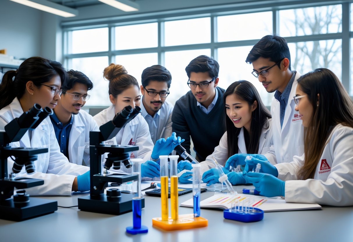 A group of young adults working together in a bright university laboratory with biotechnology equipment.