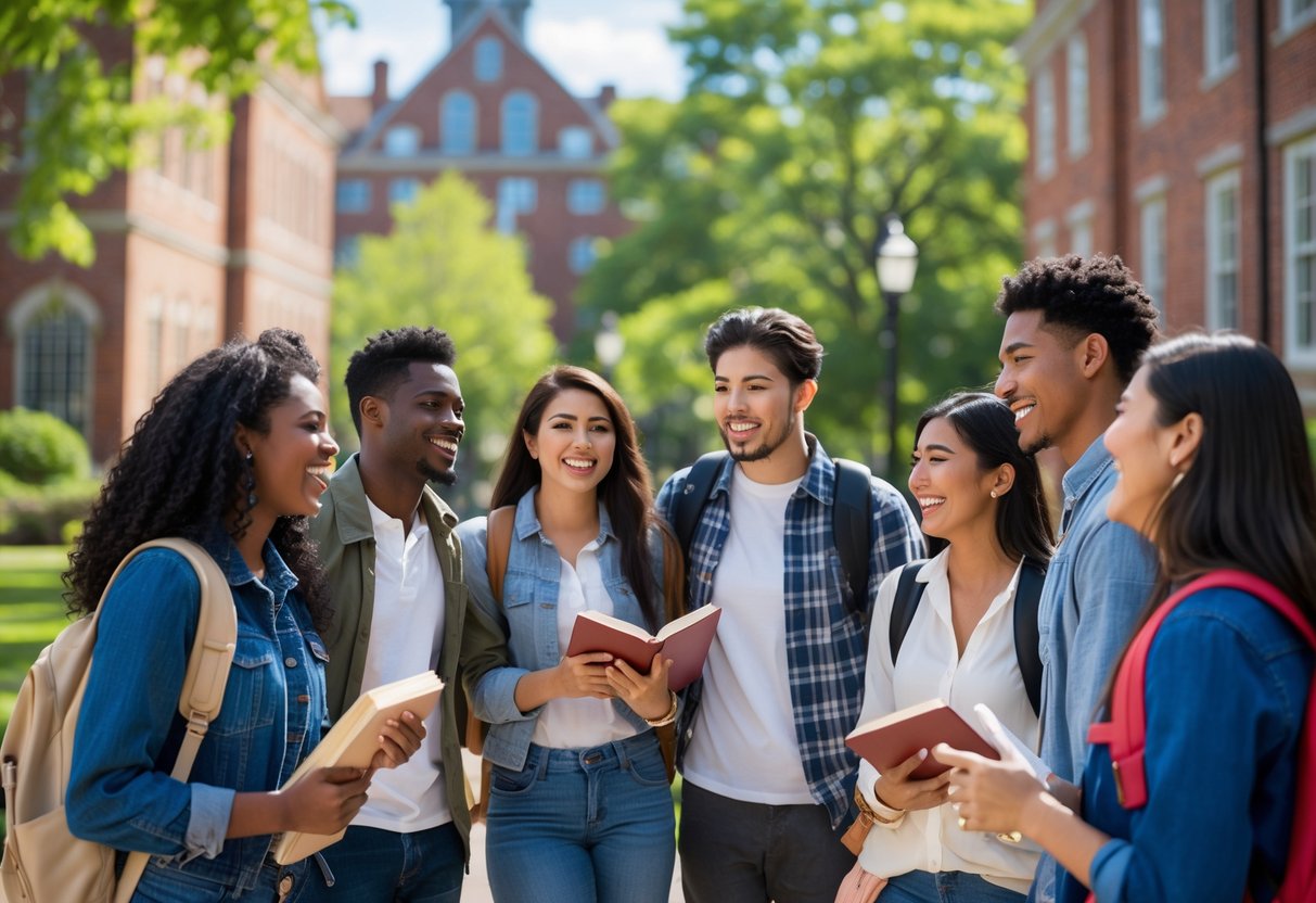 A group of diverse college students standing and talking on a university campus with historic buildings and trees in the background.