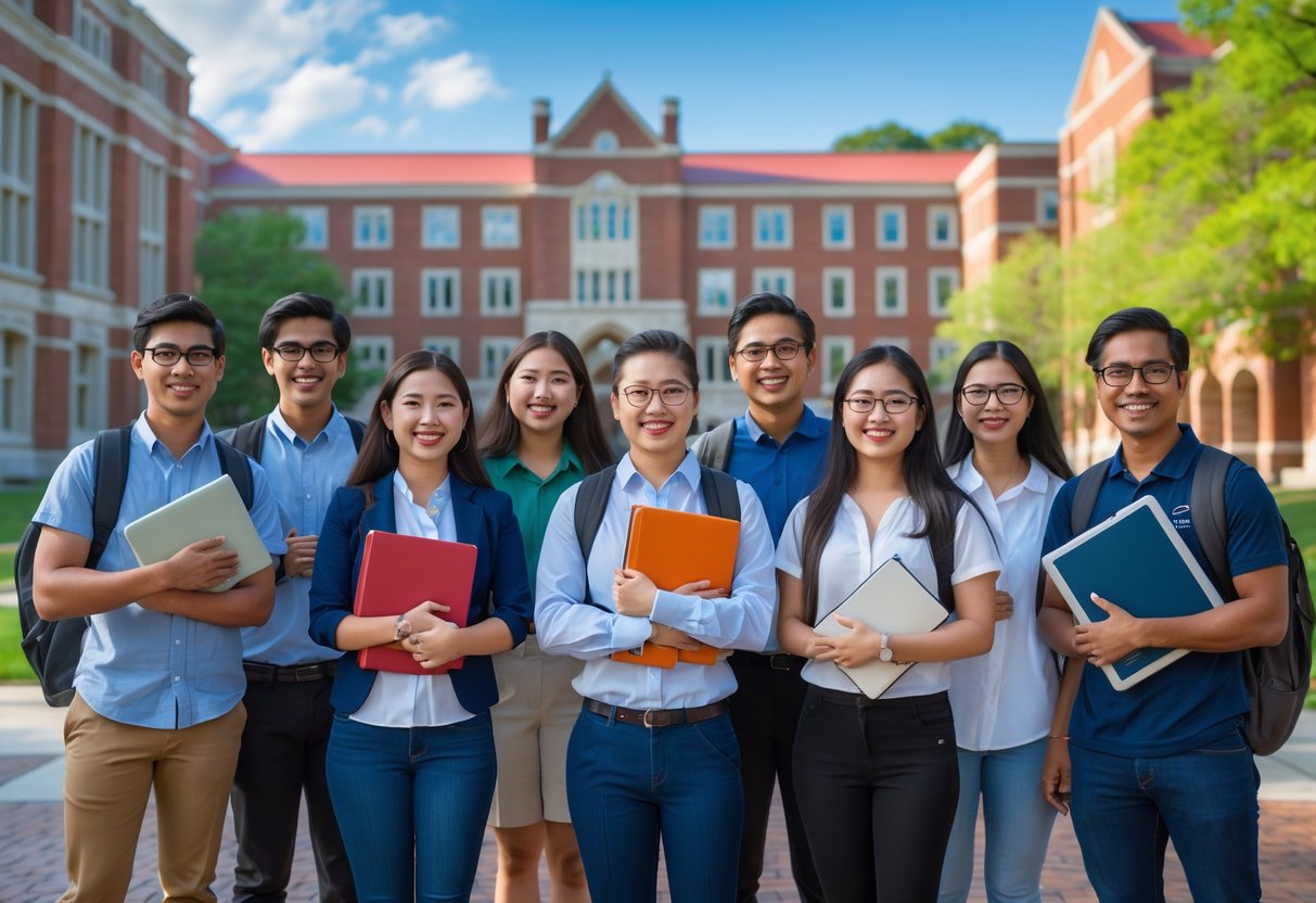 A group of diverse university students standing on a university campus with red brick buildings and trees, smiling and holding books and laptops.