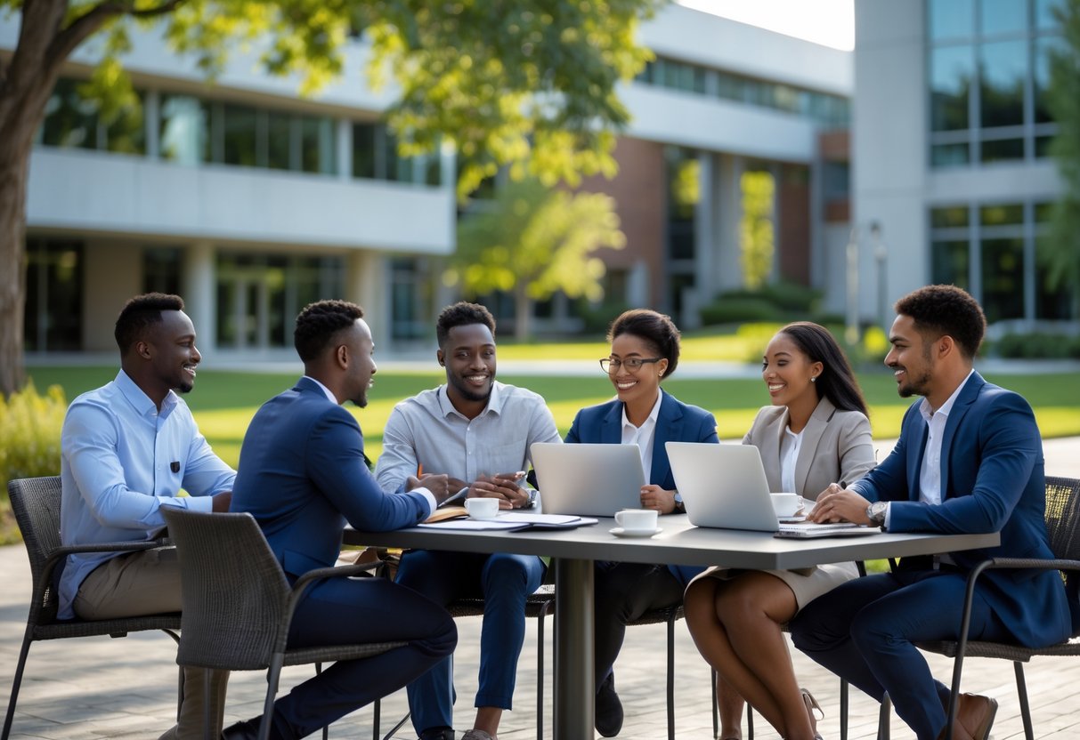 A diverse group of graduate students studying together outdoors on a university campus.